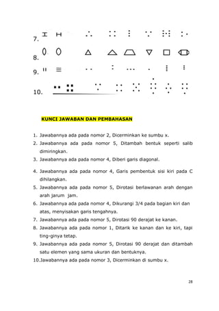 28
7.
8.
9.
10.
KUNCI JAWABAN DAN PEMBAHASAN
1. Jawabannya ada pada nomor 2, Dicerminkan ke sumbu x.
2. Jawabannya ada pada nomor 5, Ditambah bentuk seperti salib
dimiringkan.
3. Jawabannya ada pada nomor 4, Diberi garis diagonal.
4. Jawabannya ada pada nomor 4, Garis pembentuk sisi kiri pada C
dihilangkan.
5. Jawabannya ada pada nomor 5, Dirotasi berlawanan arah dengan
arah jarum jam.
6. Jawabannya ada pada nomor 4, Dikurangi 3/4 pada bagian kiri dan
atas, menyisakan garis tengahnya.
7. Jawabannya ada pada nomor 5, Dirotasi 90 derajat ke kanan.
8. Jawabannya ada pada nomor 1, Ditarik ke kanan dan ke kiri, tapi
ting-ginya tetap.
9. Jawabannya ada pada nomor 5, Dirotasi 90 derajat dan ditambah
satu elemen yang sama ukuran dan bentuknya.
10.Jawabannya ada pada nomor 3, Dicerminkan di sumbu x.
 