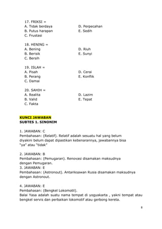 8
17. FRIKSI =
A. Tidak berdaya D. Perpecahan
B. Putus harapan E. Sedih
C. Frustasi
18. HENING =
A. Bening D. Riuh
B. Berisik E. Sunyi
C. Bersih
19. ISLAH =
A. Pisah D. Cerai
B. Perang E. Konflik
C. Damai
20. SAHIH =
A. Realita D. Lazim
B. Valid E. Tepat
C. Fakta
KUNCI JAWABAN
SUBTES 1. SINONIM
1. JAWABAN: C
Pembahasan: (Relatif). Relatif adalah sesuatu hal yang belum
diyakini belum dapat dipastikan kebenarannya, jawabannya bisa
“ya” atau “tidak”
2. JAWABAN: B
Pembahasan: (Pemugaran). Renovasi disamakan maksudnya
dengan Pemugaran.
3. JAWABAN: E
Pembahasan: (Astronout). Antariksawan Rusia disamakan maksudnya
dengan Astronout.
4. JAWABAN: E
Pembahasan: (Bengkel Lokomotil).
Balai Yasa adalah suatu nama tempat di yogyakarta , yakni tempat atau
bengkel servis dan perbaikan lokomotif atau gerbong kereta.
 