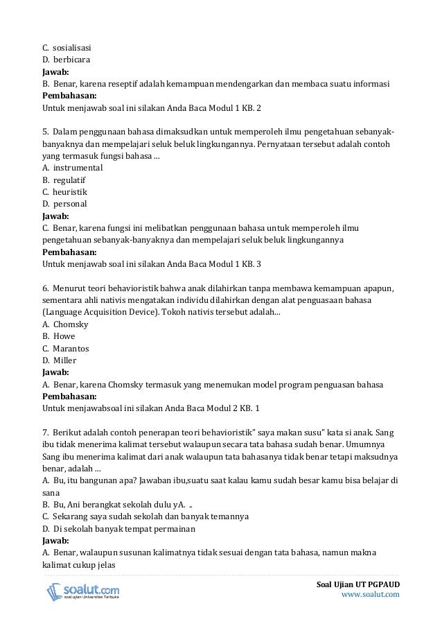 Download Soal Ujian UT PGPAUD PAUD4106 Metode Pengembangan 