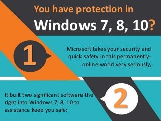 You have protection in
Windows 7, 8, 10?
Microsoft takes your security and
quick safety in this permanently-
online world very seriously,1
2It built two significant software the
right into Windows 7, 8, 10 to
assistance keep you safe:
 