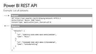 Power BI REST API
Example: List all datasets
Request
GET https://api.powerbi.com/v1.0/myorg/datasets HTTP/1.1
Authorization: Bearer {AAD Token}
Content-Type: application/json; charset=utf-8
Response
{
"datasets": [
{
"id": "2C0CCF12-A369-4985-A643-0995C249D5B9",
"name": "Music"
},
{
"id": "C446840B-94AD-4B23-8896-C276E69B8FAA",
"name": "SalesMarketing"
}
]
}
 