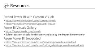 Resources
Extend Power BI with Custom Visuals
 https://powerbi.microsoft.com/custom-visuals
 https://github.com/microsoft/powerbi-visuals
Power BI Visuals Gallery
 https://app.powerbi.com/visuals
 Submit custom visuals for discovery and use by the Power BI community
Azure Power BI Embedded
 https://azure.microsoft.com/en-us/services/power-bi-embedded
 https://azure.microsoft.com/en-us/pricing/details/power-bi-embedded/
 