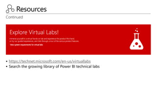 Resources
Continued
 https://technet.microsoft.com/en-us/virtuallabs
 Search the growing library of Power BI technical labs
 