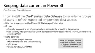Keeping data current in Power BI
On-Premises Data Gateway
IT can install the On-Premises Data Gateway to serve large groups
of users to refresh supported on-premises data sources
 It is the successor to the Power BI Gateway—Enterprise
 IT can:
 Centrally manage the set of users who have access to the underlying data sources
 Gain visibility into gateway usage, such as most commonly accessed data sources, and the users
accessing them
 Data sources:
 SQL Server Analysis Services
(Multidimensional and Tabular modes)
 SQL Server
 Oracle, Teradata, SAP HANA
 