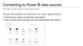Connecting to Power BI data sources
Formats: Content packs: SaaS applications
Power BI enables connections to SaaS applica...