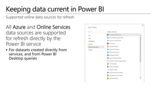 Keeping data current in Power BI
Supported online data sources for refresh
All Azure and Online Services
data sources are ...