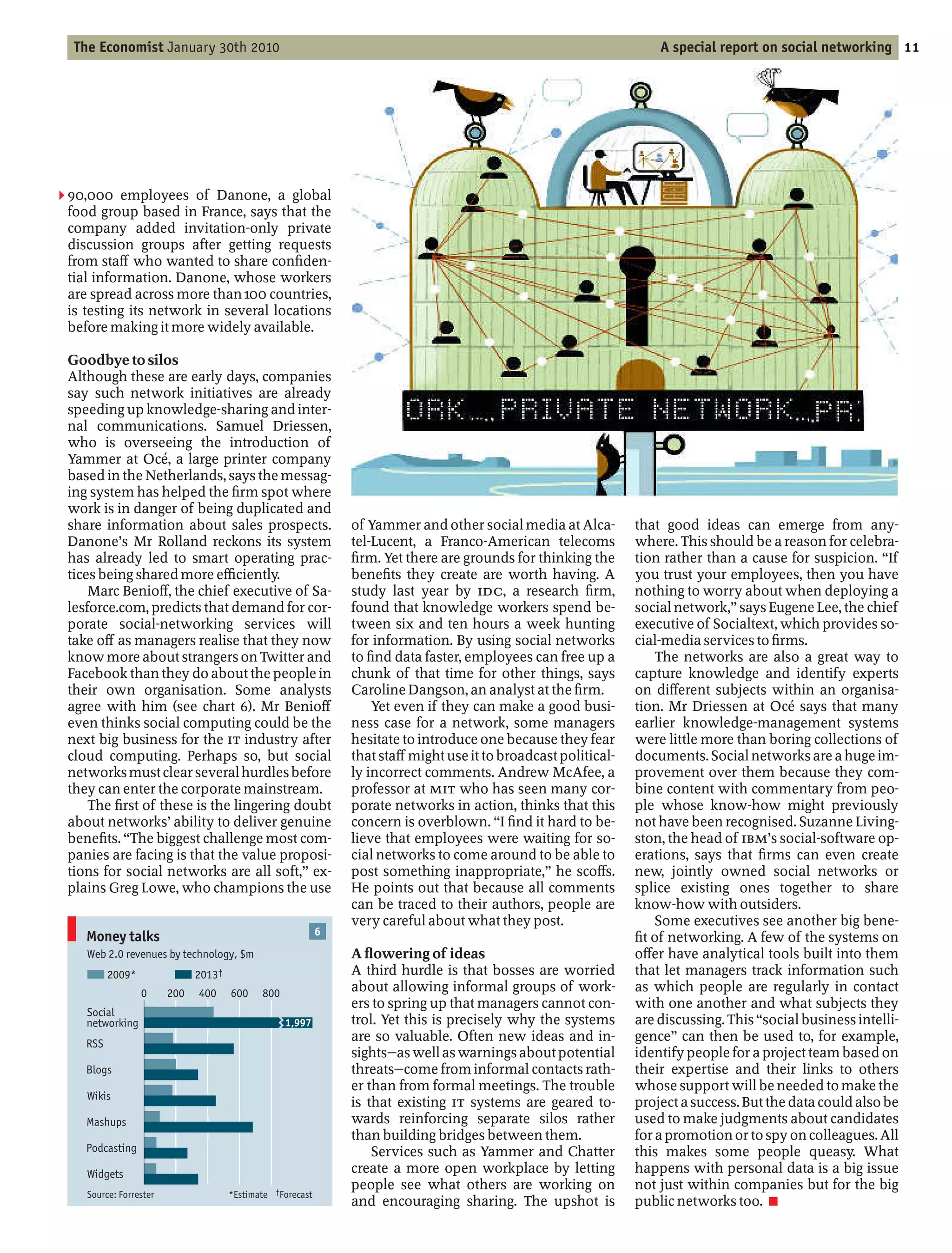 The Economist January 30th 2010                                                                                     A special report on social networking 11




2 90,000 employees of Danone, a global
 food group based in France, says that the
 company added invitation-only private
 discussion groups after getting requests
 from sta who wanted to share con den-
 tial information. Danone, whose workers
 are spread across more than 100 countries,
 is testing its network in several locations
 before making it more widely available.

 Goodbye to silos
 Although these are early days, companies
 say such network initiatives are already
 speeding up knowledge-sharing and inter-
 nal communications. Samuel Driessen,
 who is overseeing the introduction of
 Yammer at Océ, a large printer company
 based in the Netherlands, says the messag-
 ing system has helped the rm spot where
 work is in danger of being duplicated and
 share information about sales prospects.                         of Yammer and other social media at Alca-       that good ideas can emerge from any-
 Danone’s Mr Rolland reckons its system                           tel-Lucent, a Franco-American telecoms          where. This should be a reason for celebra-
 has already led to smart operating prac-                           rm. Yet there are grounds for thinking the    tion rather than a cause for suspicion. If
 tices being shared more e ciently.                               bene ts they create are worth having. A         you trust your employees, then you have
     Marc Benio , the chief executive of Sa-                      study last year by IDC, a research rm,          nothing to worry about when deploying a
 lesforce.com, predicts that demand for cor-                      found that knowledge workers spend be-          social network, says Eugene Lee, the chief
 porate social-networking services will                           tween six and ten hours a week hunting          executive of Socialtext, which provides so-
 take o as managers realise that they now                         for information. By using social networks       cial-media services to rms.
 know more about strangers on Twitter and                         to nd data faster, employees can free up a          The networks are also a great way to
 Facebook than they do about the people in                        chunk of that time for other things, says       capture knowledge and identify experts
 their own organisation. Some analysts                            Caroline Dangson, an analyst at the rm.         on di erent subjects within an organisa-
 agree with him (see chart 6). Mr Benio                               Yet even if they can make a good busi-      tion. Mr Driessen at Océ says that many
 even thinks social computing could be the                        ness case for a network, some managers          earlier knowledge-management systems
 next big business for the IT industry after                      hesitate to introduce one because they fear     were little more than boring collections of
 cloud computing. Perhaps so, but social                          that sta might use it to broadcast political-   documents. Social networks are a huge im-
 networks must clear several hurdles before                       ly incorrect comments. Andrew McAfee, a         provement over them because they com-
 they can enter the corporate mainstream.                         professor at MIT who has seen many cor-         bine content with commentary from peo-
     The rst of these is the lingering doubt                      porate networks in action, thinks that this     ple whose know-how might previously
 about networks’ ability to deliver genuine                       concern is overblown. I nd it hard to be-       not have been recognised. Suzanne Living-
 bene ts. The biggest challenge most com-                         lieve that employees were waiting for so-       ston, the head of IBM’s social-software op-
 panies are facing is that the value proposi-                     cial networks to come around to be able to      erations, says that rms can even create
 tions for social networks are all soft, ex-                      post something inappropriate, he sco s.         new, jointly owned social networks or
 plains Greg Lowe, who champions the use                          He points out that because all comments         splice existing ones together to share
                                                                  can be traced to their authors, people are      know-how with outsiders.
                                                                  very careful about what they post.                  Some executives see another big bene-
    Money talks                                               6
                                                                                                                    t of networking. A few of the systems on
    Web 2.0 revenues by technology, $m                            A owering of ideas                              o er have analytical tools built into them
          2009*               2013†                               A third hurdle is that bosses are worried       that let managers track information such
                  0     200   400     600    800                  about allowing informal groups of work-         as which people are regularly in contact
                                                                  ers to spring up that managers cannot con-      with one another and what subjects they
    Social
    networking                                      1,997         trol. Yet this is precisely why the systems     are discussing. This social business intelli-
    RSS
                                                                  are so valuable. Often new ideas and in-        gence can then be used to, for example,
                                                                  sights as well as warnings about potential      identify people for a project team based on
    Blogs                                                         threats come from informal contacts rath-       their expertise and their links to others
                                                                  er than from formal meetings. The trouble       whose support will be needed to make the
    Wikis
                                                                  is that existing IT systems are geared to-      project a success. But the data could also be
    Mashups                                                       wards reinforcing separate silos rather         used to make judgments about candidates
                                                                  than building bridges between them.             for a promotion or to spy on colleagues. All
    Podcasting                                                        Services such as Yammer and Chatter         this makes some people queasy. What
    Widgets                                                       create a more open workplace by letting         happens with personal data is a big issue
                                                  †Forecast
                                                                  people see what others are working on           not just within companies but for the big
    Source: Forrester                 *Estimate
                                                                  and encouraging sharing. The upshot is          public networks too. 7
 