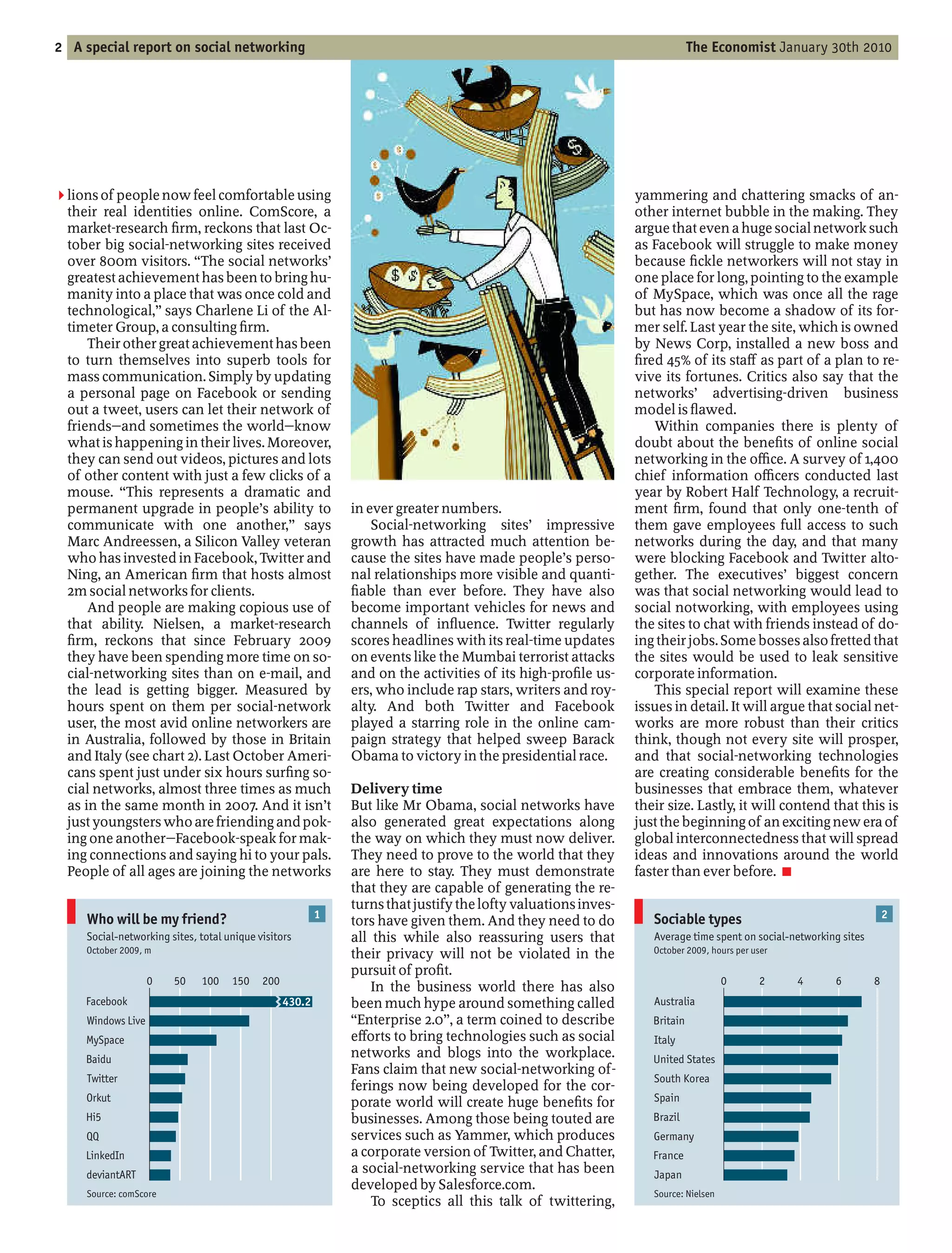 2 A special report on social networking                                                                                     The Economist January 30th 2010




2 lions of people now feel comfortable using                                                                   yammering and chattering smacks of an-
  their real identities online. ComScore, a                                                                    other internet bubble in the making. They
  market-research rm, reckons that last Oc-                                                                    argue that even a huge social network such
  tober big social-networking sites received                                                                   as Facebook will struggle to make money
  over 800m visitors. The social networks’                                                                     because ckle networkers will not stay in
  greatest achievement has been to bring hu-                                                                   one place for long, pointing to the example
  manity into a place that was once cold and                                                                   of MySpace, which was once all the rage
  technological, says Charlene Li of the Al-                                                                   but has now become a shadow of its for-
  timeter Group, a consulting rm.                                                                              mer self. Last year the site, which is owned
      Their other great achievement has been                                                                   by News Corp, installed a new boss and
  to turn themselves into superb tools for                                                                       red 45% of its sta as part of a plan to re-
  mass communication. Simply by updating                                                                       vive its fortunes. Critics also say that the
  a personal page on Facebook or sending                                                                       networks’ advertising-driven business
  out a tweet, users can let their network of                                                                  model is awed.
  friends and sometimes the world know                                                                             Within companies there is plenty of
  what is happening in their lives. Moreover,                                                                  doubt about the bene ts of online social
  they can send out videos, pictures and lots                                                                  networking in the o ce. A survey of 1,400
  of other content with just a few clicks of a                                                                 chief information o cers conducted last
  mouse. This represents a dramatic and                                                                        year by Robert Half Technology, a recruit-
  permanent upgrade in people’s ability to                    in ever greater numbers.                         ment rm, found that only one-tenth of
  communicate with one another, says                              Social-networking sites’ impressive          them gave employees full access to such
  Marc Andreessen, a Silicon Valley veteran                   growth has attracted much attention be-          networks during the day, and that many
  who has invested in Facebook, Twitter and                   cause the sites have made people’s perso-        were blocking Facebook and Twitter alto-
  Ning, an American rm that hosts almost                      nal relationships more visible and quanti-       gether. The executives’ biggest concern
  2m social networks for clients.                              able than ever before. They have also           was that social networking would lead to
      And people are making copious use of                    become important vehicles for news and           social notworking, with employees using
  that ability. Nielsen, a market-research                    channels of in uence. Twitter regularly          the sites to chat with friends instead of do-
    rm, reckons that since February 2009                      scores headlines with its real-time updates      ing their jobs. Some bosses also fretted that
  they have been spending more time on so-                    on events like the Mumbai terrorist attacks      the sites would be used to leak sensitive
  cial-networking sites than on e-mail, and                   and on the activities of its high-pro le us-     corporate information.
  the lead is getting bigger. Measured by                     ers, who include rap stars, writers and roy-         This special report will examine these
  hours spent on them per social-network                      alty. And both Twitter and Facebook              issues in detail. It will argue that social net-
  user, the most avid online networkers are                   played a starring role in the online cam-        works are more robust than their critics
  in Australia, followed by those in Britain                  paign strategy that helped sweep Barack          think, though not every site will prosper,
  and Italy (see chart 2). Last October Ameri-                Obama to victory in the presidential race.       and that social-networking technologies
  cans spent just under six hours sur ng so-                                                                   are creating considerable bene ts for the
  cial networks, almost three times as much                   Delivery time                                    businesses that embrace them, whatever
  as in the same month in 2007. And it isn’t                  But like Mr Obama, social networks have          their size. Lastly, it will contend that this is
  just youngsters who are friending and pok-                  also generated great expectations along          just the beginning of an exciting new era of
  ing one another Facebook-speak for mak-                     the way on which they must now deliver.          global interconnectedness that will spread
  ing connections and saying hi to your pals.                 They need to prove to the world that they        ideas and innovations around the world
  People of all ages are joining the networks                 are here to stay. They must demonstrate          faster than ever before. 7
                                                              that they are capable of generating the re-
                                                              turns that justify the lofty valuations inves-
     Who will be my friend?                               1                                                       Sociable types                                      2
                                                              tors have given them. And they need to do
     Social-networking sites, total unique visitors           all this while also reassuring users that           Average time spent on social-networking sites
     October 2009, m                                          their privacy will not be violated in the           October 2009, hours per user

                                                              pursuit of pro t.
                    0   50    100    150    200                                                                                     0      2     4      6         8
                                                                  In the business world there has also
     Facebook                                     430.2       been much hype around something called              Australia
     Windows Live                                              Enterprise 2.0 , a term coined to describe         Britain
     MySpace                                                  e orts to bring technologies such as social         Italy
     Baidu                                                    networks and blogs into the workplace.              United States
                                                              Fans claim that new social-networking of-
     Twitter                                                                                                      South Korea
                                                              ferings now being developed for the cor-
     Orkut                                                    porate world will create huge bene ts for           Spain
     Hi5                                                      businesses. Among those being touted are            Brazil
     QQ                                                       services such as Yammer, which produces             Germany
     LinkedIn                                                 a corporate version of Twitter, and Chatter,        France
     deviantART
                                                              a social-networking service that has been           Japan
                                                              developed by Salesforce.com.
     Source: comScore                                                                                             Source: Nielsen
                                                                  To sceptics all this talk of twittering,
 