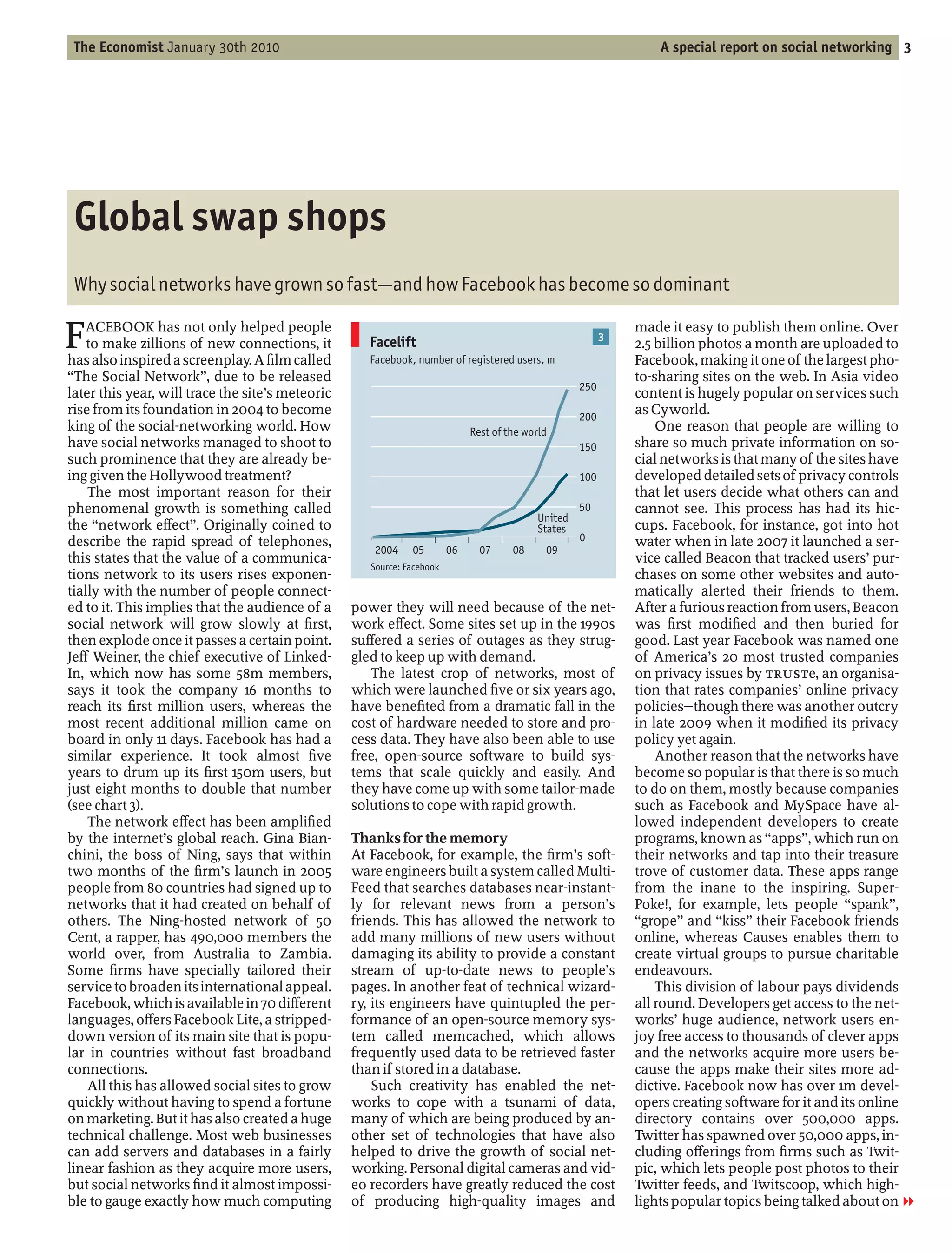 The Economist January 30th 2010                                                                                  A special report on social networking 3




 Global swap shops
 Why social networks have grown so fast and how Facebook has become so dominant

F  ACEBOOK has not only helped people
    to make zillions of new connections, it
has also inspired a screenplay. A lm called
                                                     Facelift
                                                     Facebook, number of registered users, m
                                                                                                          3
                                                                                                              made it easy to publish them online. Over
                                                                                                              2.5 billion photos a month are uploaded to
                                                                                                              Facebook, making it one of the largest pho-
  The Social Network , due to be released                                                                     to-sharing sites on the web. In Asia video
                                                                                                    250
later this year, will trace the site’s meteoric                                                               content is hugely popular on services such
rise from its foundation in 2004 to become                                                          200
                                                                                                              as Cyworld.
king of the social-networking world. How                                     Rest of the world                    One reason that people are willing to
have social networks managed to shoot to                                                            150       share so much private information on so-
such prominence that they are already be-                                                                     cial networks is that many of the sites have
ing given the Hollywood treatment?                                                                  100       developed detailed sets of privacy controls
    The most important reason for their                                                                       that let users decide what others can and
phenomenal growth is something called                                                               50        cannot see. This process has had its hic-
                                                                                           United
the network e ect . Originally coined to                                                   States             cups. Facebook, for instance, got into hot
describe the rapid spread of telephones,                                                            0         water when in late 2007 it launched a ser-
                                                      2004    05        06     07     08     09
this states that the value of a communica-                                                                    vice called Beacon that tracked users’ pur-
                                                     Source: Facebook
tions network to its users rises exponen-                                                                     chases on some other websites and auto-
tially with the number of people connect-                                                                     matically alerted their friends to them.
ed to it. This implies that the audience of a     power they will need because of the net-                    After a furious reaction from users, Beacon
social network will grow slowly at rst,           work e ect. Some sites set up in the 1990s                  was rst modi ed and then buried for
then explode once it passes a certain point.      su ered a series of outages as they strug-                  good. Last year Facebook was named one
Je Weiner, the chief executive of Linked-         gled to keep up with demand.                                of America’s 20 most trusted companies
In, which now has some 58m members,                  The latest crop of networks, most of                     on privacy issues by TRUSTe, an organisa-
says it took the company 16 months to             which were launched ve or six years ago,                    tion that rates companies’ online privacy
reach its rst million users, whereas the          have bene ted from a dramatic fall in the                   policies though there was another outcry
most recent additional million came on            cost of hardware needed to store and pro-                   in late 2009 when it modi ed its privacy
board in only 11 days. Facebook has had a         cess data. They have also been able to use                  policy yet again.
similar experience. It took almost ve             free, open-source software to build sys-                        Another reason that the networks have
years to drum up its rst 150m users, but          tems that scale quickly and easily. And                     become so popular is that there is so much
just eight months to double that number           they have come up with some tailor-made                     to do on them, mostly because companies
(see chart 3).                                    solutions to cope with rapid growth.                        such as Facebook and MySpace have al-
    The network e ect has been ampli ed                                                                       lowed independent developers to create
by the internet’s global reach. Gina Bian-        Thanks for the memory                                       programs, known as apps , which run on
chini, the boss of Ning, says that within         At Facebook, for example, the rm’s soft-                    their networks and tap into their treasure
two months of the rm’s launch in 2005             ware engineers built a system called Multi-                 trove of customer data. These apps range
people from 80 countries had signed up to         Feed that searches databases near-instant-                  from the inane to the inspiring. Super-
networks that it had created on behalf of         ly for relevant news from a person’s                        Poke!, for example, lets people spank ,
others. The Ning-hosted network of 50             friends. This has allowed the network to                      grope and kiss their Facebook friends
Cent, a rapper, has 490,000 members the           add many millions of new users without                      online, whereas Causes enables them to
world over, from Australia to Zambia.             damaging its ability to provide a constant                  create virtual groups to pursue charitable
Some rms have specially tailored their            stream of up-to-date news to people’s                       endeavours.
service to broaden its international appeal.      pages. In another feat of technical wizard-                     This division of labour pays dividends
Facebook, which is available in 70 di erent       ry, its engineers have quintupled the per-                  all round. Developers get access to the net-
languages, o ers Facebook Lite, a stripped-       formance of an open-source memory sys-                      works’ huge audience, network users en-
down version of its main site that is popu-       tem called memcached, which allows                          joy free access to thousands of clever apps
lar in countries without fast broadband           frequently used data to be retrieved faster                 and the networks acquire more users be-
connections.                                      than if stored in a database.                               cause the apps make their sites more ad-
    All this has allowed social sites to grow         Such creativity has enabled the net-                    dictive. Facebook now has over 1m devel-
quickly without having to spend a fortune         works to cope with a tsunami of data,                       opers creating software for it and its online
on marketing. But it has also created a huge      many of which are being produced by an-                     directory contains over 500,000 apps.
technical challenge. Most web businesses          other set of technologies that have also                    Twitter has spawned over 50,000 apps, in-
can add servers and databases in a fairly         helped to drive the growth of social net-                   cluding o erings from rms such as Twit-
linear fashion as they acquire more users,        working. Personal digital cameras and vid-                  pic, which lets people post photos to their
but social networks nd it almost impossi-         eo recorders have greatly reduced the cost                  Twitter feeds, and Twitscoop, which high-
ble to gauge exactly how much computing           of producing high-quality images and                        lights popular topics being talked about on 1
 