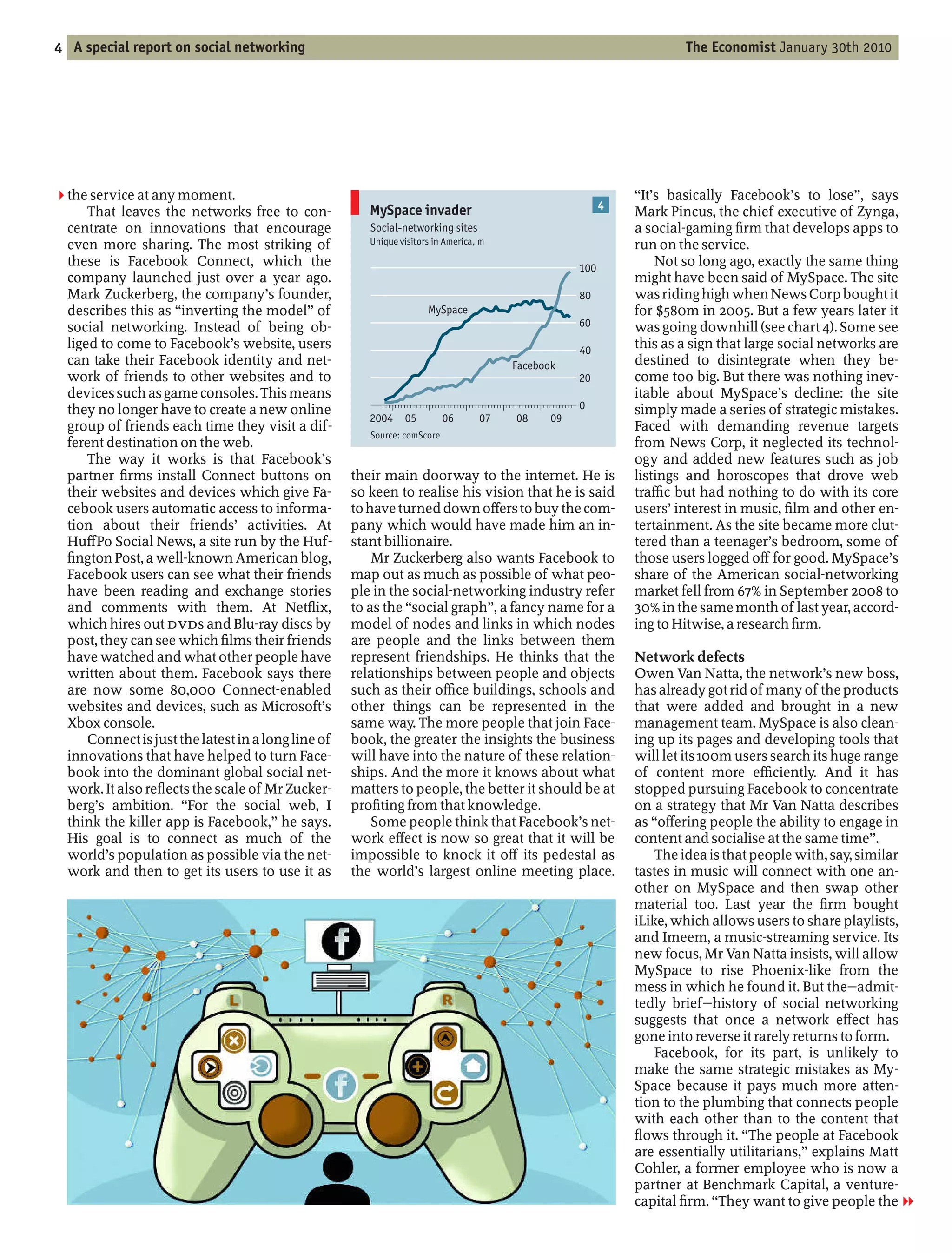 4 A special report on social networking                                                                               The Economist January 30th 2010




2 the service at any moment.                                                                                    It’s basically Facebook’s to lose , says
                                                        MySpace invader                                   4
      That leaves the networks free to con-                                                                   Mark Pincus, the chief executive of Zynga,
  centrate on innovations that encourage                Social-networking sites                               a social-gaming rm that develops apps to
  even more sharing. The most striking of               Unique visitors in America, m                         run on the service.
  these is Facebook Connect, which the                                                              100
                                                                                                                   Not so long ago, exactly the same thing
  company launched just over a year ago.                                                                      might have been said of MySpace. The site
  Mark Zuckerberg, the company’s founder,                                                           80        was riding high when News Corp bought it
  describes this as inverting the model of                            MySpace                                 for $580m in 2005. But a few years later it
  social networking. Instead of being ob-                                                           60        was going downhill (see chart 4). Some see
  liged to come to Facebook’s website, users                                                        40
                                                                                                              this as a sign that large social networks are
  can take their Facebook identity and net-                                             Facebook              destined to disintegrate when they be-
  work of friends to other websites and to                                                          20        come too big. But there was nothing inev-
  devices such as game consoles. This means                                                                   itable about MySpace’s decline: the site
  they no longer have to create a new online                                                        0         simply made a series of strategic mistakes.
                                                        2004    05         06      07   08     09
  group of friends each time they visit a dif-                                                                Faced with demanding revenue targets
                                                        Source: comScore
  ferent destination on the web.                                                                              from News Corp, it neglected its technol-
      The way it works is that Facebook’s                                                                     ogy and added new features such as job
  partner rms install Connect buttons on             their main doorway to the internet. He is                listings and horoscopes that drove web
  their websites and devices which give Fa-          so keen to realise his vision that he is said            tra c but had nothing to do with its core
  cebook users automatic access to informa-          to have turned down o ers to buy the com-                users’ interest in music, lm and other en-
  tion about their friends’ activities. At           pany which would have made him an in-                    tertainment. As the site became more clut-
  Hu Po Social News, a site run by the Huf-          stant billionaire.                                       tered than a teenager’s bedroom, some of
    ngton Post, a well-known American blog,              Mr Zuckerberg also wants Facebook to                 those users logged o for good. MySpace’s
  Facebook users can see what their friends          map out as much as possible of what peo-                 share of the American social-networking
  have been reading and exchange stories             ple in the social-networking industry refer              market fell from 67% in September 2008 to
  and comments with them. At Net ix,                 to as the social graph , a fancy name for a              30% in the same month of last year, accord-
  which hires out DVDs and Blu-ray discs by          model of nodes and links in which nodes                  ing to Hitwise, a research rm.
  post, they can see which lms their friends         are people and the links between them
  have watched and what other people have            represent friendships. He thinks that the                Network defects
  written about them. Facebook says there            relationships between people and objects                 Owen Van Natta, the network’s new boss,
  are now some 80,000 Connect-enabled                such as their o ce buildings, schools and                has already got rid of many of the products
  websites and devices, such as Microsoft’s          other things can be represented in the                   that were added and brought in a new
  Xbox console.                                      same way. The more people that join Face-                management team. MySpace is also clean-
      Connect is just the latest in a long line of   book, the greater the insights the business              ing up its pages and developing tools that
  innovations that have helped to turn Face-         will have into the nature of these relation-             will let its 100m users search its huge range
  book into the dominant global social net-          ships. And the more it knows about what                  of content more e ciently. And it has
  work. It also re ects the scale of Mr Zucker-      matters to people, the better it should be at            stopped pursuing Facebook to concentrate
  berg’s ambition. For the social web, I             pro ting from that knowledge.                            on a strategy that Mr Van Natta describes
  think the killer app is Facebook, he says.             Some people think that Facebook’s net-               as o ering people the ability to engage in
  His goal is to connect as much of the              work e ect is now so great that it will be               content and socialise at the same time .
  world’s population as possible via the net-        impossible to knock it o its pedestal as                     The idea is that people with, say, similar
  work and then to get its users to use it as        the world’s largest online meeting place.                tastes in music will connect with one an-
                                                                                                              other on MySpace and then swap other
                                                                                                              material too. Last year the rm bought
                                                                                                              iLike, which allows users to share playlists,
                                                                                                              and Imeem, a music-streaming service. Its
                                                                                                              new focus, Mr Van Natta insists, will allow
                                                                                                              MySpace to rise Phoenix-like from the
                                                                                                              mess in which he found it. But the admit-
                                                                                                              tedly brief history of social networking
                                                                                                              suggests that once a network e ect has
                                                                                                              gone into reverse it rarely returns to form.
                                                                                                                  Facebook, for its part, is unlikely to
                                                                                                              make the same strategic mistakes as My-
                                                                                                              Space because it pays much more atten-
                                                                                                              tion to the plumbing that connects people
                                                                                                              with each other than to the content that
                                                                                                                ows through it. The people at Facebook
                                                                                                              are essentially utilitarians, explains Matt
                                                                                                              Cohler, a former employee who is now a
                                                                                                              partner at Benchmark Capital, a venture-
                                                                                                              capital rm. They want to give people the 1
 