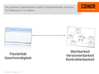 Die positiven Eigenschaften beider Vorgehensweisen scheinen
 im Widerspruch zu stehen.




                                                       Wartbarkeit
  Flexibilität                                       Versionierbarkeit
Geschwindigkeit                                      Kontrollierbarkeit


23. 02. 2011 - COINOR AG - 15
 