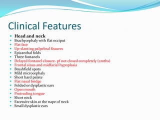 Clinical Features
 Head and neck
   Brachycephaly with flat occiput
   Flat face
   Up-slanting palpebral fissures
   Epicanthal folds
   Three fontanels
   Delayed fontanel closure- pf not closed completely (2mths)
   Frontal sinus and midfacial hypoplasia
   Brushfield spots
   Mild microcephaly
   Short hard palate
   Flat nasal bridge
   Folded or dysplastic ears
   Open mouth
   Protruding tongue
   Short neck
   Excessive skin at the nape of neck
   Small dysplastic ears
 