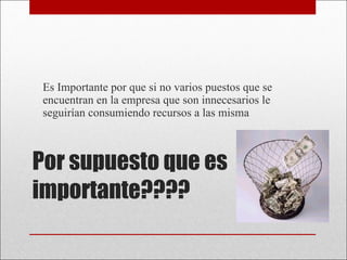 Por supuesto que es importante???? Es Importante por que si no varios puestos que se encuentran en la empresa que son innecesarios le seguirían consumiendo recursos a las misma 