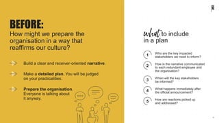 12
BEFORE:
How might we prepare the
organisation in a way that
reaffirms our culture?
1 Who are the key impacted
stakeholders we need to inform?
2 How is the narrative communicated
to each redundant employee and
the organisation?
3 When will the key stakeholders
be informed?
4 What happens immediately after
the official announcement?
5 How are reactions picked up
and addressed?
Make a detailed plan. You will be judged
on your practicalities.
Prepare the organisation.
Everyone is talking about
it anyway.
Build a clear and receiver-oriented narrative.
to include
in a plan
 