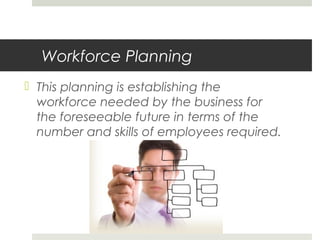 Workforce Planning
This planning is establishing the
workforce needed by the business for
the foreseeable future in terms of the
number and skills of employees required.