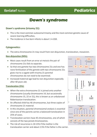 1
Down's syndrome
Down's syndrome (trisomy 21):
 This is the most common autosomal trisomy and the most common genetic cause of
severe learning difficulties.
 The incidence in live-born infants is about 1 in 650.
Cytogenetics:
 The extra chromosome 21 may result from non-disjunction, translocation, mosaicism.
Non-disjunction (94%):
 Most cases result from an error at meiosis the pair of
chromosome 21s fails to separate.
 So that one gamete has two chromosome 21s and one has
none fertilization of the gamete with two chromosome 21s
gives rise to a zygote with trisomy 21 parental
chromosomes do not need to be examined.
 Increased maternal age lead to non-disjunction especially
after 40 years old.
Translocation (5%):
 When the extra chromosome 21 is joined onto another
chromosome (usually chromosome 14, but occasionally
chromosome 15, 22 or 21), this is known as an unbalanced
Robertsonian translocation.
 An affected child has 46 chromosomes, but three copies of
chromosome 21 material.
 In this situation, parental chromosomal analysis is essential
since one of the parents carries a balanced translocation in
25% of cases.
 Translocation carriers have 45 chromosomes, one of which
consists of the two joined chromosomes.
 The risk of recurrence is 10-15% if the mother is the
translocation carrier and about 2.5% if the father is the carrier.
Ibnlatef Notes Pediatrics
 