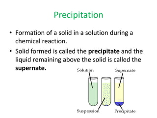 Precipitation
• Formation of a solid in a solution during a
chemical reaction.
• Solid formed is called the precipitate and the
liquid remaining above the solid is called the
supernate.

 