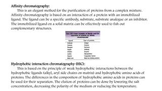 Affinity chromatography:
This is an elegant method for the purification of proteins from a complex mixture.
Affinity chromatography is based on an interaction of a protein with an immobilized
ligand. The ligand can be a specific antibody, substrate, substrate analogue or an inhibitor.
The immobilized ligand on a solid matrix can be effectively used to fish out
complementary structures.
Hydrophobic interaction chromatography (HIC):
This is based on the principle of weak hydrophobic interactions between the
hydrophobic ligands (alkyl, aryl side chains on matrix) and hydrophobic amino acids of
proteins. The differences in the composition of hydrophobic amino acids in proteins can
be used for their separation. The elution of proteins can be done by lowering the salt
concentration, decreasing the polarity of the medium or reducing the temperature.
 