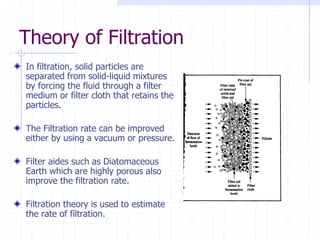 Theory of Filtration
In filtration, solid particles are
separated from solid-liquid mixtures
by forcing the fluid through a filter
medium or filter cloth that retains the
particles.
The Filtration rate can be improved
either by using a vacuum or pressure.
Filter aides such as Diatomaceous
Earth which are highly porous also
improve the filtration rate.
Filtration theory is used to estimate
the rate of filtration.
 