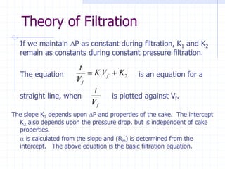 Theory of Filtration
If we maintain P as constant during filtration, K1 and K2
remain as constants during constant pressure filtration.
The equation is an equation for a
straight line, when is plotted against Vf.
The slope K1 depends upon P and properties of the cake. The intercept
K2 also depends upon the pressure drop, but is independent of cake
properties.
a is calculated from the slope and (Rm) is determined from the
intercept. The above equation is the basic filtration equation.
2
1 K
V
K
V
t
f
f

=
f
V
t
 