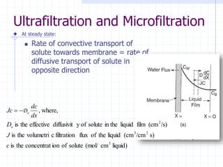 Ultrafiltration and Microfiltration
At steady state:
 Rate of convective transport of
solute towards membrane = rate of
diffusive transport of solute in
opposite direction
liquid)
cm
(mol/
solute
of
ion
concentrat
the
is
s)
/cm
(cm
liquid
the
of
flux
filtration
c
volumetri
the
is
/s)
(cm
film
liquid
in the
solute
of
y
diffusivit
effective
the
is
where,
,
3
2
3
2
c
J
D
dx
dc
Jc
e
e
D

=
 