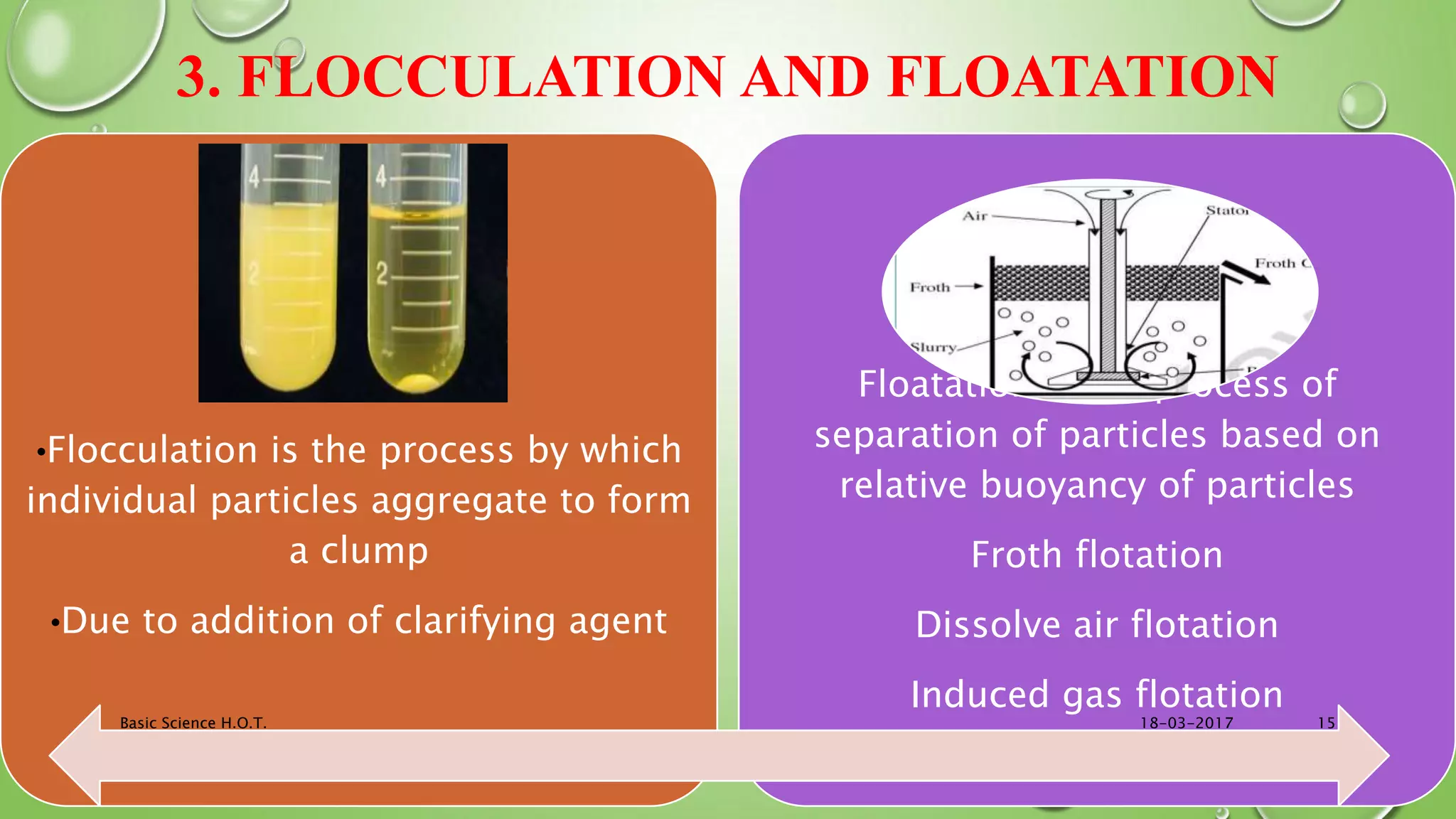 3. FLOCCULATION AND FLOATATION
•Flocculation is the process by which
individual particles aggregate to form
a clump
•Due to addition of clarifying agent
Floatation is the process of
separation of particles based on
relative buoyancy of particles
Froth flotation
Dissolve air flotation
Induced gas flotation
18-03-2017Basic Science H.O.T. 15
 