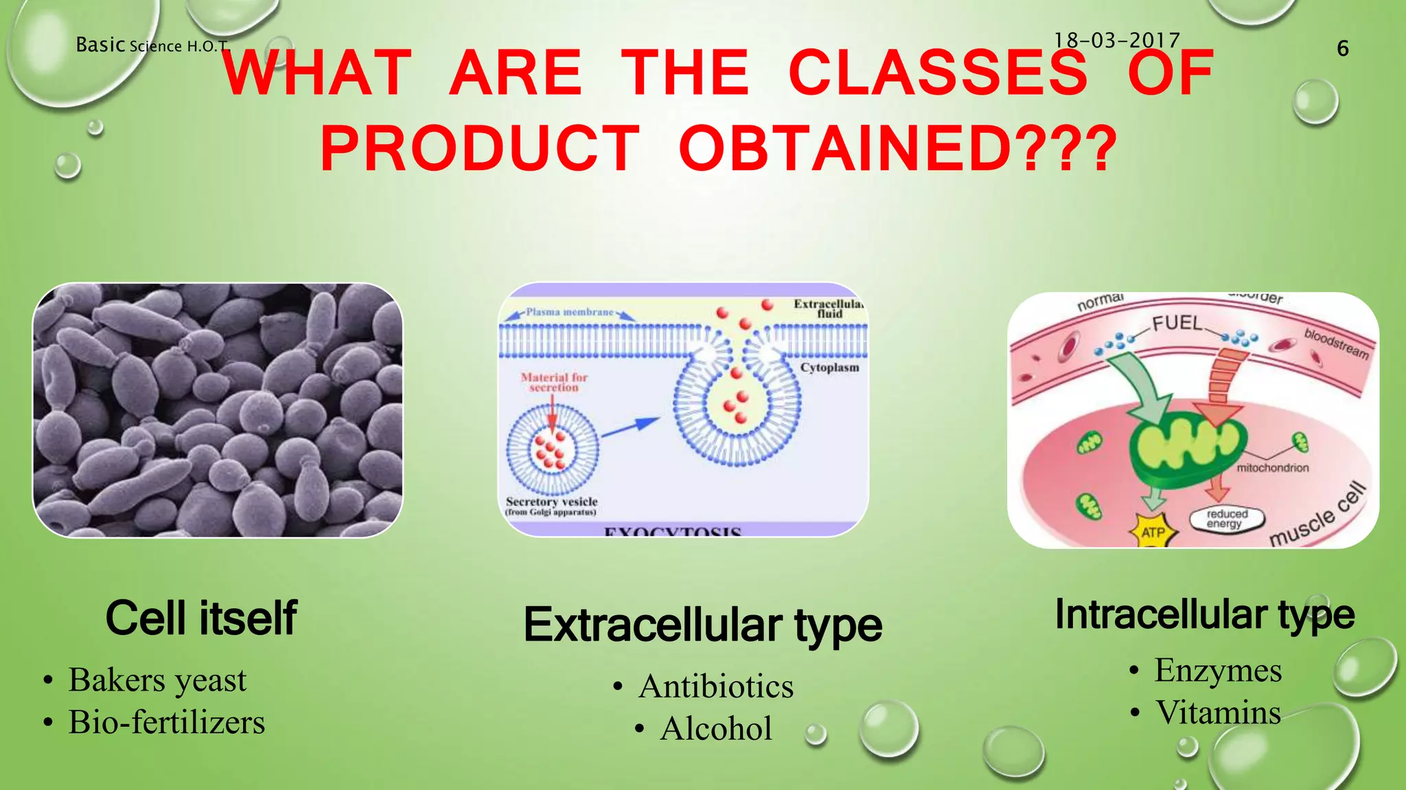 WHAT ARE THE CLASSES OF
PRODUCT OBTAINED???
Cell itself
• Bakers yeast
• Bio-fertilizers
Extracellular type
• Antibiotics
• Alcohol
Intracellular type
• Enzymes
• Vitamins
18-03-2017Basic Science H.O.T. 6
 