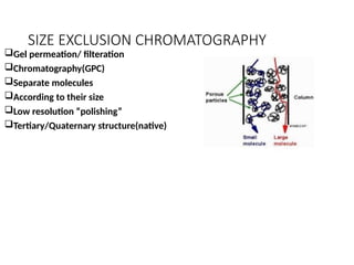 SIZE EXCLUSION CHROMATOGRAPHY
Gel permeation/ filteration
Chromatography(GPC)
Separate molecules
According to their size
Low resolution “polishing”
Tertiary/Quaternary structure(native)
 