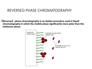 REVERSED PHASE CHROMATOGRAPHY
Reversed –phase chromatography is an elution procedure used in liquid
chromatography in which the mobile phase significantly more polar than the
stationary phase.
 