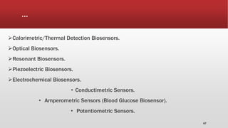 …
Calorimetric/Thermal Detection Biosensors.
Optical Biosensors.
Resonant Biosensors.
Piezoelectric Biosensors.
Electrochemical Biosensors.
• Conductimetric Sensors.
• Amperometric Sensors (Blood Glucose Biosensor).
• Potentiometric Sensors.
67
 