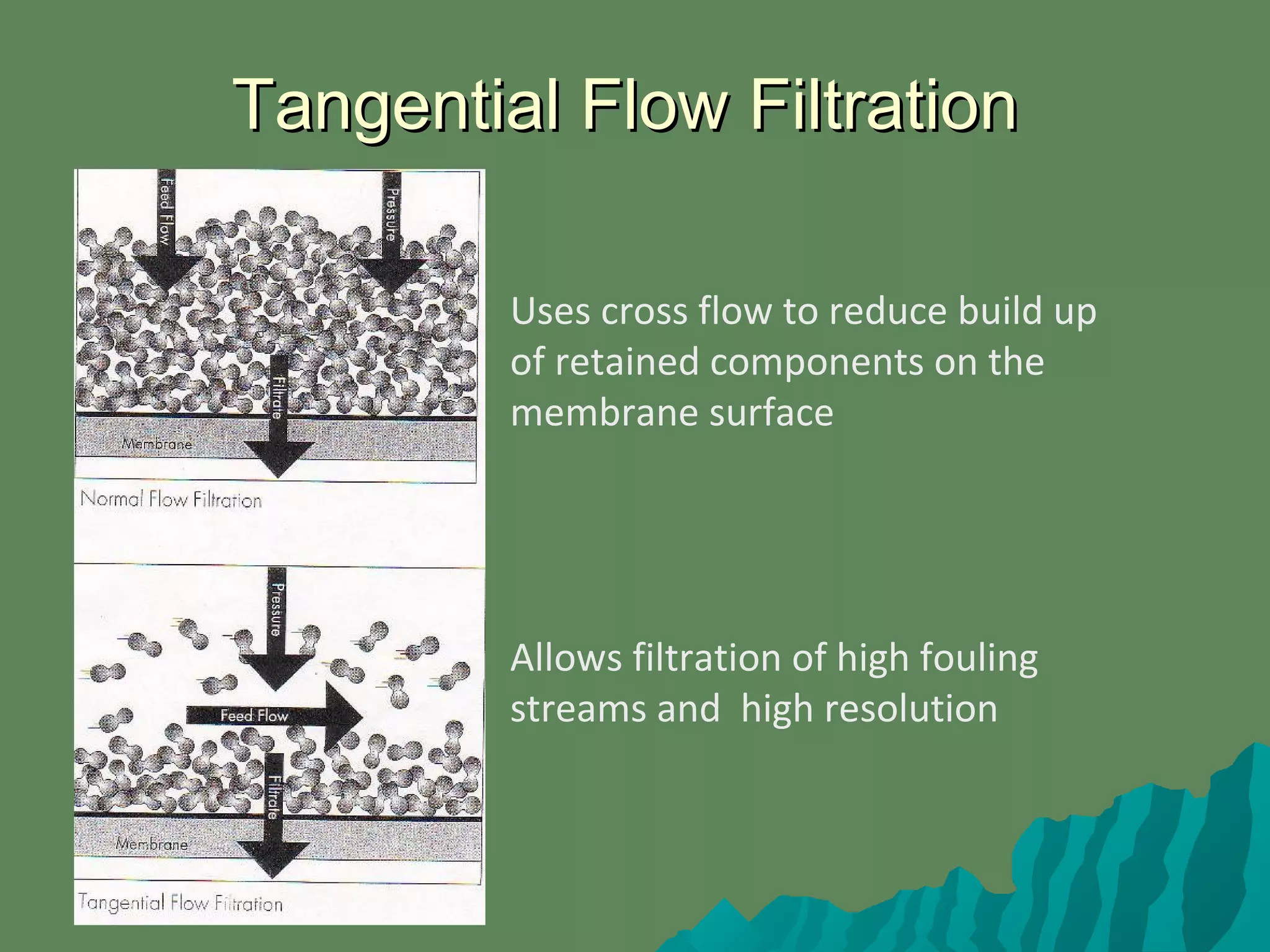 Uses cross flow to reduce build up
of retained components on the
membrane surface
Allows filtration of high fouling
streams and high resolution
Tangential Flow FiltrationTangential Flow Filtration
 