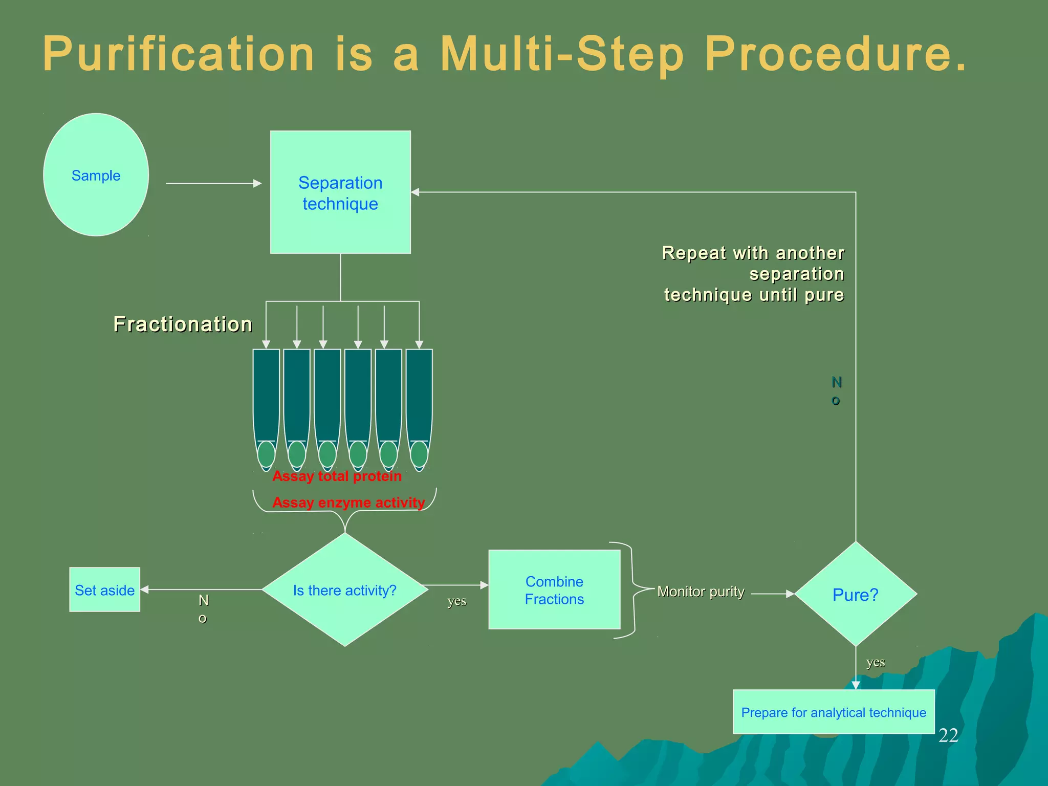 22
Sample
Separation
technique
FractionationFractionation
Purification is a Multi-Step Procedure.
Is there activity?Set aside
NN
oo
Combine
Fractionsyesyes
Monitor purityMonitor purity
Assay total protein
Assay enzyme activity
Pure?
Prepare for analytical technique
yesyes
NN
oo
Repeat with anotherRepeat with another
separationseparation
technique until puretechnique until pure
 