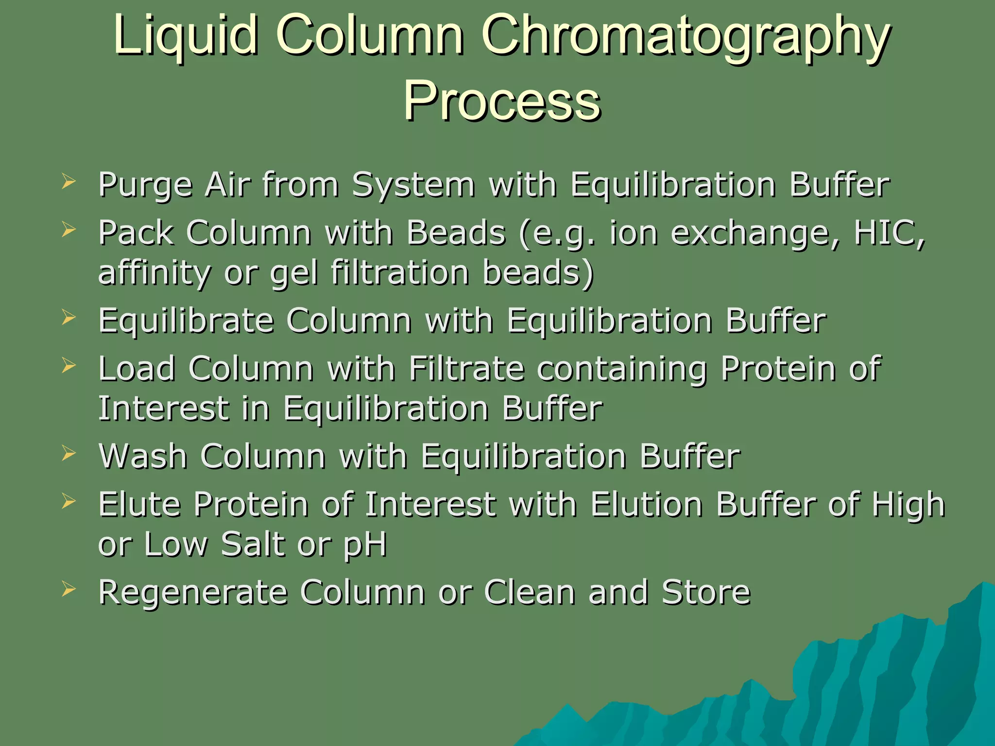 Liquid Column ChromatographyLiquid Column Chromatography
ProcessProcess
 Purge Air from System with Equilibration BufferPurge Air from System with Equilibration Buffer
 Pack Column with Beads (e.g. ion exchange, HIC,Pack Column with Beads (e.g. ion exchange, HIC,
affinity or gel filtration beads)affinity or gel filtration beads)
 Equilibrate Column with Equilibration BufferEquilibrate Column with Equilibration Buffer
 Load Column with Filtrate containing Protein ofLoad Column with Filtrate containing Protein of
Interest in Equilibration BufferInterest in Equilibration Buffer
 Wash Column with Equilibration BufferWash Column with Equilibration Buffer
 Elute Protein of Interest with Elution Buffer of HighElute Protein of Interest with Elution Buffer of High
or Low Salt or pHor Low Salt or pH
 Regenerate Column or Clean and StoreRegenerate Column or Clean and Store
 