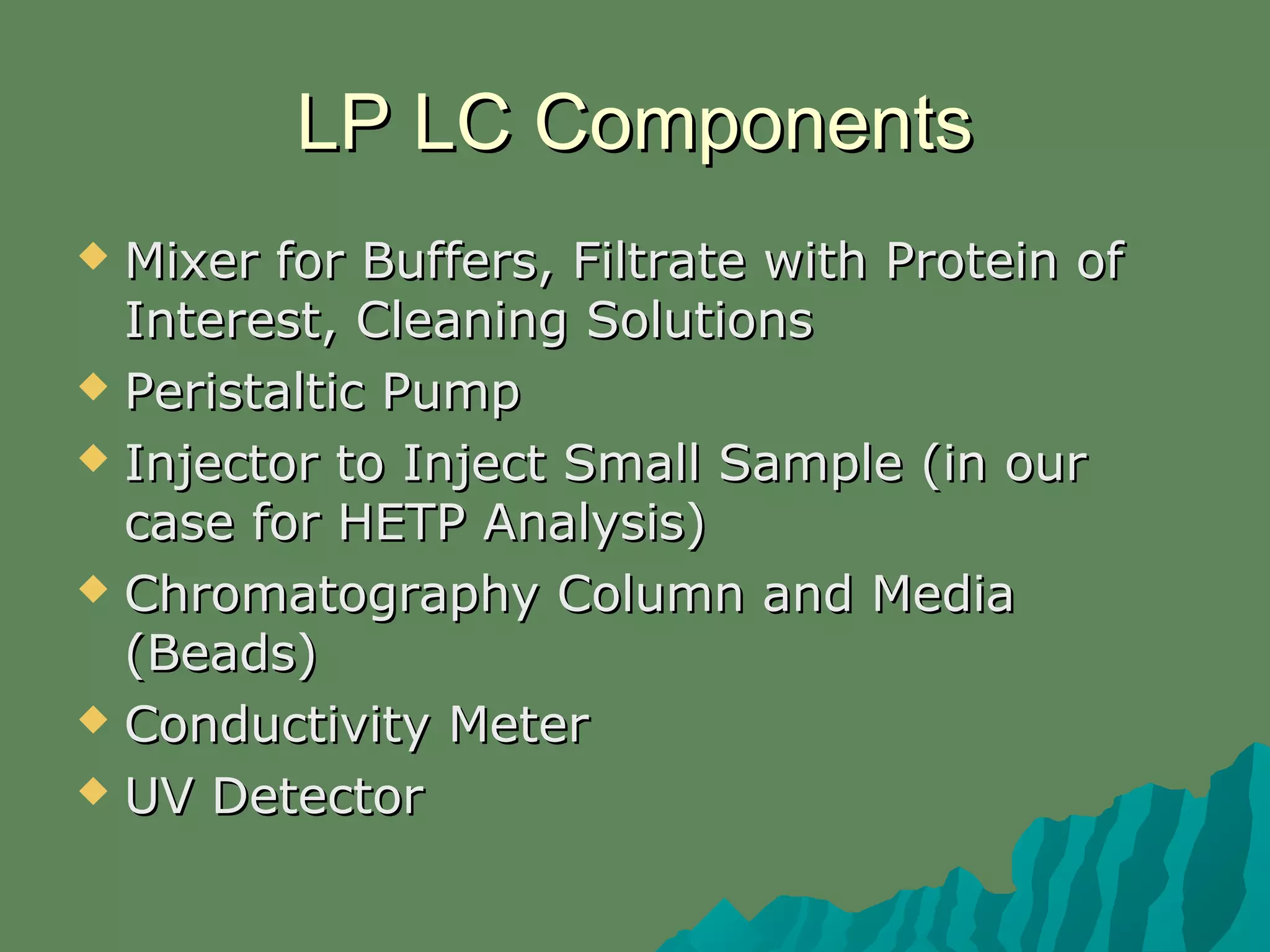 LP LC ComponentsLP LC Components
 Mixer for Buffers, Filtrate with Protein ofMixer for Buffers, Filtrate with Protein of
Interest, Cleaning SolutionsInterest, Cleaning Solutions
 Peristaltic PumpPeristaltic Pump
 Injector to Inject Small Sample (in ourInjector to Inject Small Sample (in our
case for HETP Analysis)case for HETP Analysis)
 Chromatography Column and MediaChromatography Column and Media
(Beads)(Beads)
 Conductivity MeterConductivity Meter
 UV DetectorUV Detector
 