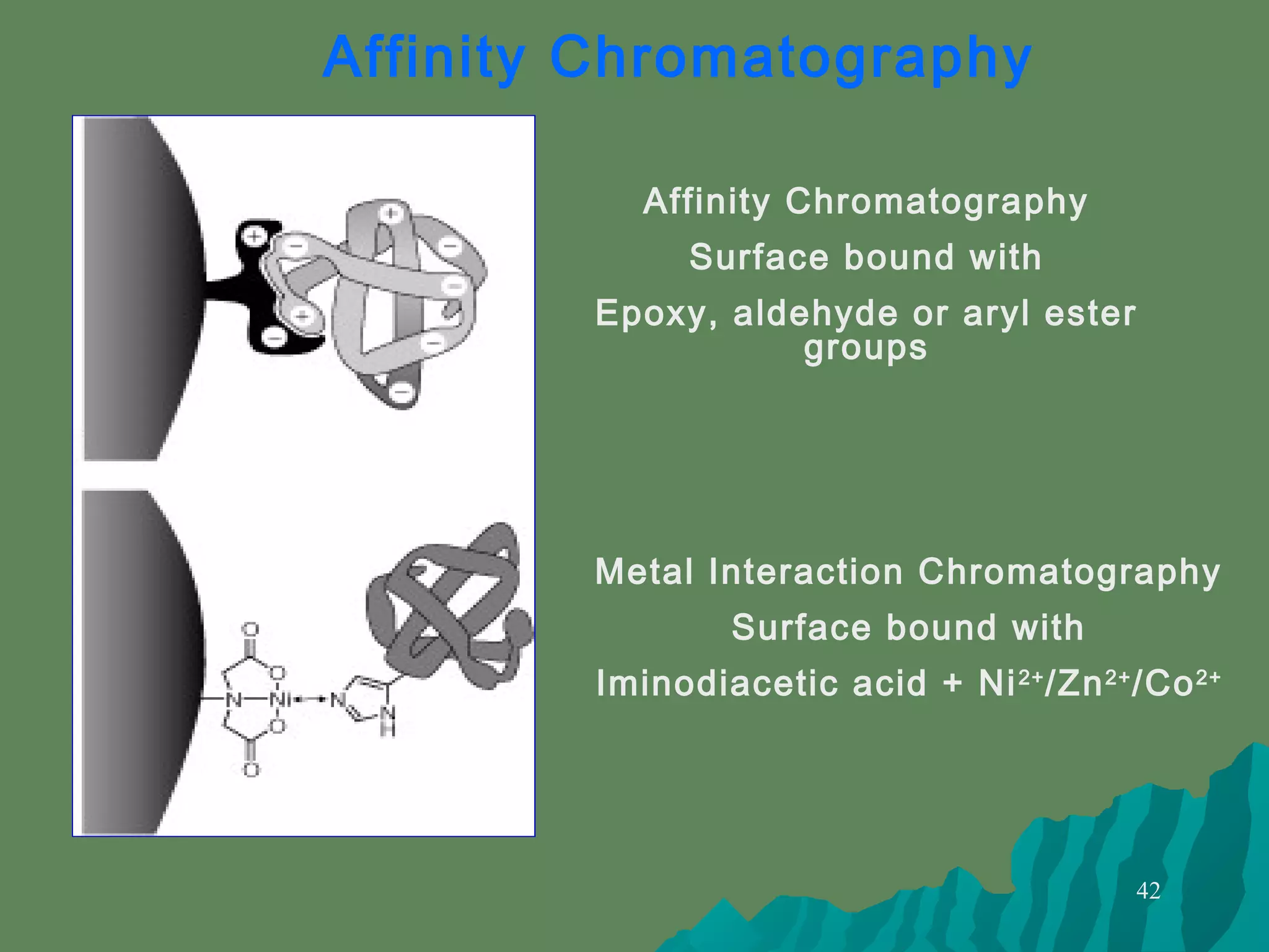 42
Affinity Chromatography
Surface bound with
Epoxy, aldehyde or aryl ester
groups
Metal Interaction Chromatography
Surface bound with
Iminodiacetic acid + Ni2+
/Zn2+
/Co2+
Affinity Chromatography
 