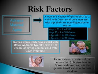 Advance
Maternal
Aging
A woman’s chance of giving birth to a
child with Down syndrome increases
with age.(indicate non disjunction in
ovum)
•Age > 20 = 1 in 1550
•Age 35 = 1 in 385 chance
• Age 40 = 1 in 106 chance
• Age 45 = 1 in 25 chance
Women who already have a child with
Down syndrome typically have a 1 %
chance of having another child with
Down syndrome.
Parents who are carriers of the
translocation (robretsonian) for
Down syndrome can pass the
genetic translocation onto their
children.
 