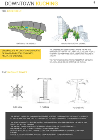 DOWNTOWN KUCHING 4
PLAN VIEW OF THE GREENBELT PERSPECTIVE VIEW OF THE GREENBELT
THE GREENBELT IS DESIGNED TO IMPROVE THE AIR AND
WATER QUALITY WITHIN THE URBAN AREAS, ALLOWS PEOPLE
TO CARRY OUT ACTIVITIES AND ALSO ENHANCE THE URBAN
AMENITY.
THE FEATURES INCLUDES A POND,PEDESTRIAN & CYCLING
WALKWAY, BENCHES AND CREATIVE LIGHTNINGS.
GREENBELT IS AN OPEN SPACE WHICH IS
DESIGNED FOR PEOPLE TO ENJOY,
RELAX AND EXERCISE.
THE RADIANT TOWER
THE GREENBELT
THE RADIANT TOWER IS A LANDMARK SKYSCRAPER DESIGNED FOR DOWNTOWN KUCHING. IT IS INSPIRED
BY KAPOK TREE, THE TREE THAT IS CONSERVED BY KUCHING GOVERNMENT FOR SEVERAL CENTURIES.
THE REASON WHY WE LOCATE THE RADIANT TOWER IN PADANG MERDEKA IS BECAUSE THE KAPOK TREE
IS ALSO SITUATED AT THIS AREA.
THE RADIANT TOWER IS DESIGNED TO IMPROVE THE INTEGRATION OF THE COMMUNITY.
FURTHERMORE, IT ACTS AS A GATEWAY TO DOWNTOWN KUCHING.
BESIDES, IT ALLOWS TOURIST TO HAVE A GLANCE OF THE BREATHTAKING SCENERY OF DOWNTOWN
KUCHING.
LASTLY, IT ALLOWS THE COMMUNITIES TO KNOW MORE ABOUT DOWNTOWN KUCHING.
PLAN VIEW ELEVATION
PERSPECTIVE
 