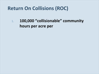 Slide 115
Return On Collisions (ROC)
1. 100,000 “collisionable” community
hours per acre per
 