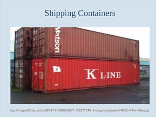 Slide 45
Shipping Containers
http://images03.olx.com/ui/8/84/18/1280992807_108377618_4-cargo-containers-40ft-20-ft-For-Sale.jpg
 