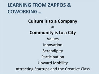 Slide 73
LEARNING FROM ZAPPOS &
COWORKING…
Culture is to a Company
as
Community is to a City
Values
Innovation
Serendipity
Participation
Upward Mobility
Attracting Startups and the Creative Class
 