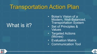 10
Transportation Action Plan
What is it?
• Boise’s Vision of a
Modern, Well-Balanced,
Transportation System
• Set of Principles &
Values
• Targeted Actions
(Moves)
• Evaluation Matrix
• Communication Tool
 