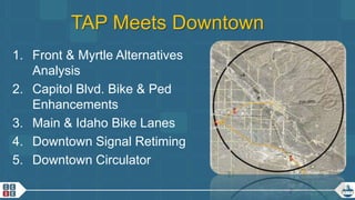 15
TAP Meets Downtown
1. Front & Myrtle Alternatives
Analysis
2. Capitol Blvd. Bike & Ped
Enhancements
3. Main & Idaho Bike Lanes
4. Downtown Signal Retiming
5. Downtown Circulator
 