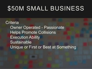 $50M SMALL BUSINESS
Criteria
Owner Operated - Passionate
Helps Promote Collisions
Execution Ability
Sustainable
Unique or First or Best at Something

 