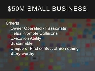 $50M SMALL BUSINESS
Criteria
Owner Operated - Passionate
Helps Promote Collisions
Execution Ability
Sustainable
Unique or First or Best at Something
Story-worthy

 
