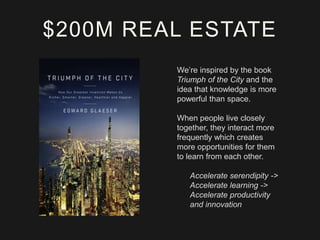 $200M REAL ESTATE
We’re inspired by the book
Triumph of the City and the
idea that knowledge is more
powerful than space.
When people live closely
together, they interact more
frequently which creates
more opportunities for them
to learn from each other.
Accelerate serendipity ->
Accelerate learning ->
Accelerate productivity
and innovation

 