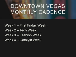 DOWNTOWN VEGAS
MONTHLY CADENCE
Week 1 – First Friday Week
Week 2 – Tech Week
Week 3 – Fashion Week
Week 4 – Catalyst Week

 