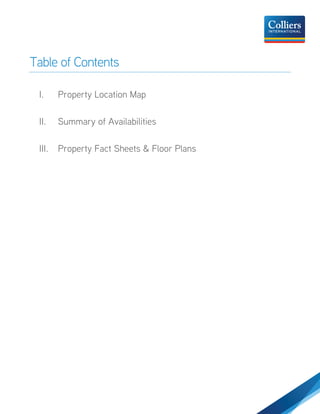 Table of Contents
I. Property Location Map
II. Summary of Availabilities
III. Property Fact Sheets & Floor Plans
 