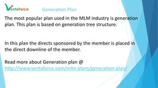 Generation Plan
The most popular plan used in the MLM industry is generation
plan. This plan is based on generation tree structure.
In this plan the directs sponsored by the member is placed in
the direct downline of the member.
Read more about Generation plan @
http://www.ventaforce.com/mlm-plans/generation-plan/
 