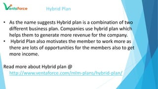 Hybrid Plan
• As the name suggests Hybrid plan is a combination of two
different business plan. Companies use hybrid plan which
helps them to generate more revenue for the company.
• Hybrid Plan also motivates the member to work more as
there are lots of opportunities for the members also to get
more income.
Read more about Hybrid plan @
http://www.ventaforce.com/mlm-plans/hybrid-plan/
 