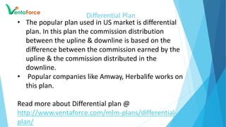 Differential Plan
• The popular plan used in US market is differential
plan. In this plan the commission distribution
between the upline & downline is based on the
difference between the commission earned by the
upline & the commission distributed in the
downline.
• Popular companies like Amway, Herbalife works on
this plan.
Read more about Differential plan @
http://www.ventaforce.com/mlm-plans/differential-
plan/
 